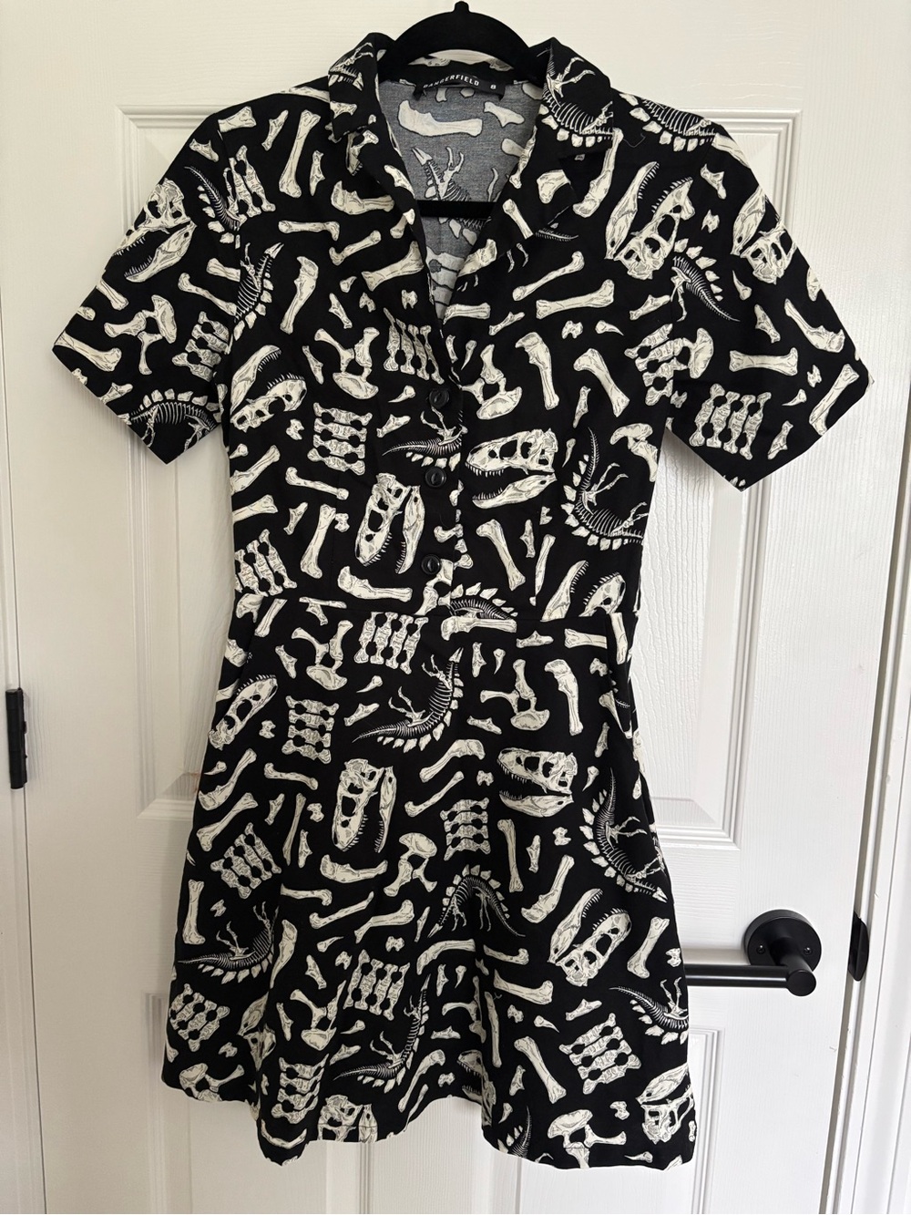 Black & White Skeleton Print Short Sleeve Fit-and-Flare Dress dinosaur bones